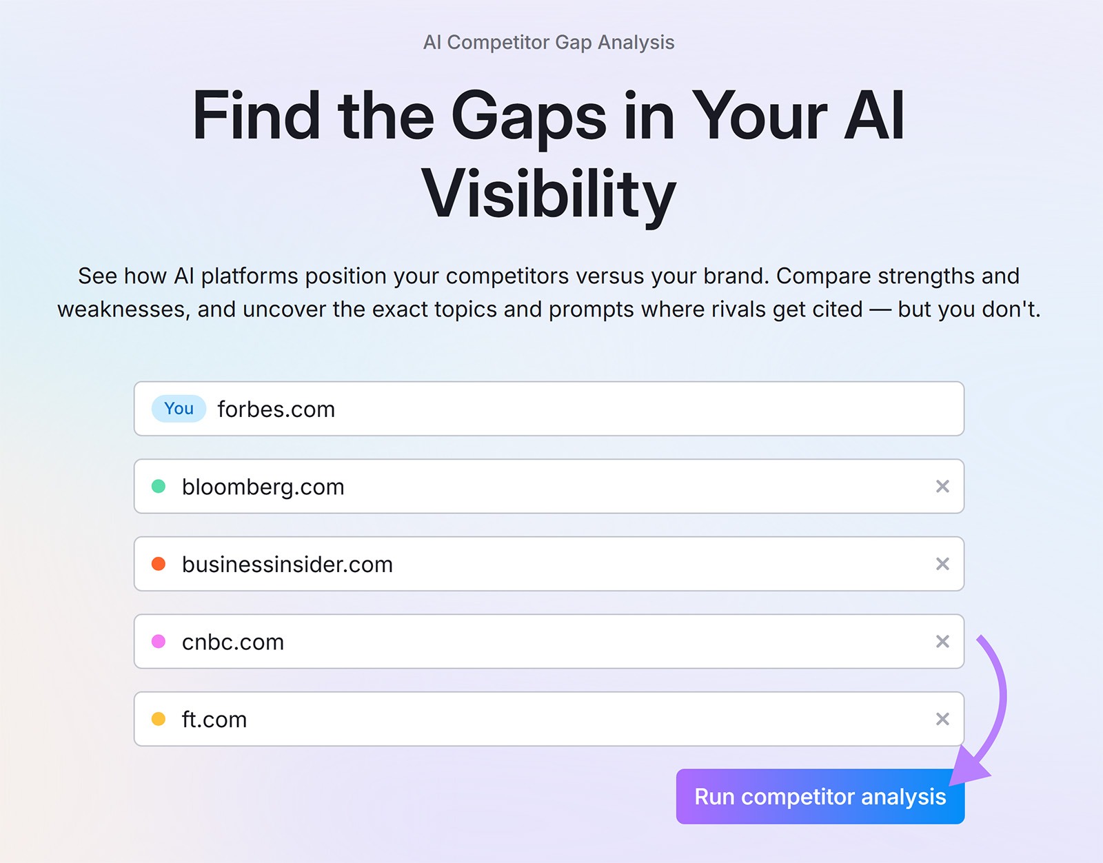AI competitor gap analysis screen with domains entered and Run competitor analysis button highlighted.