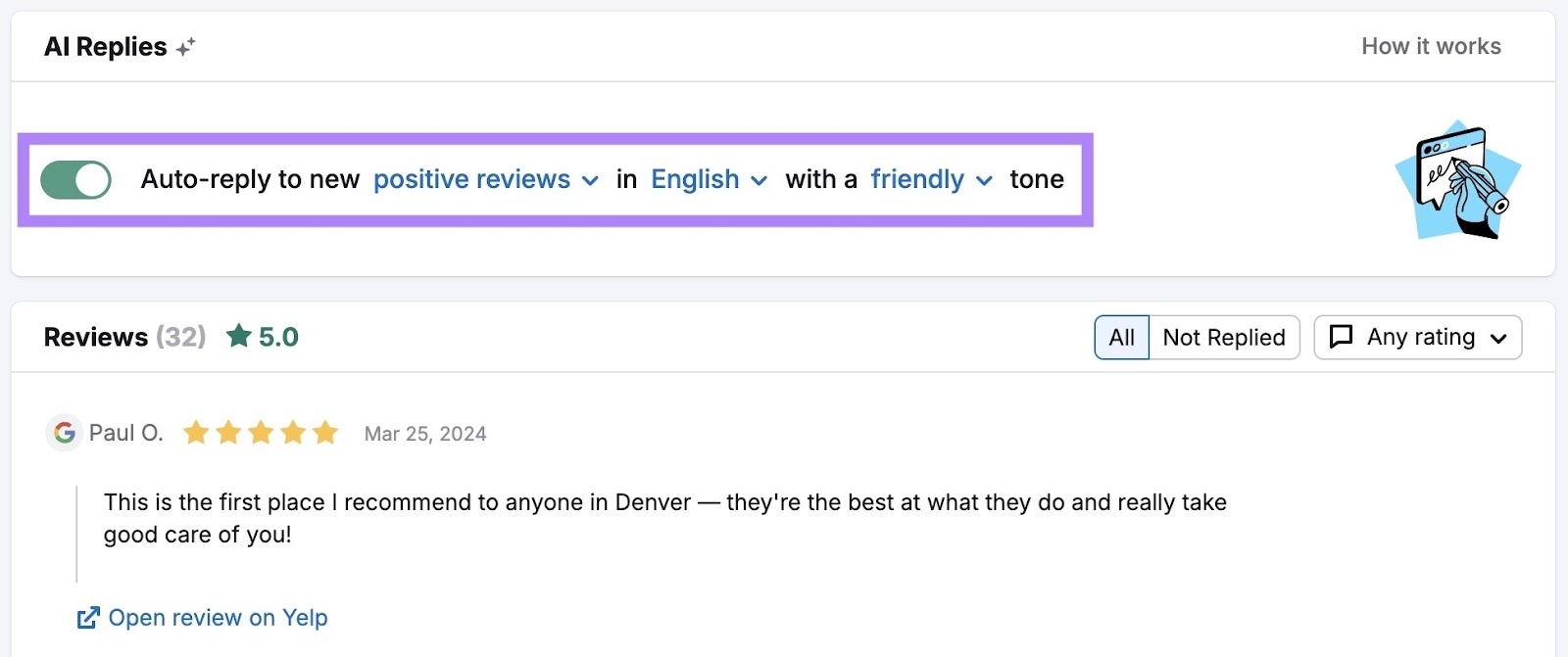 "AI Replies" on the GBP Optimization tool with options to customize the language, tone, and type of reviews to respond to.