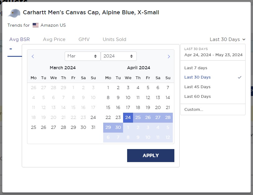 Setting a timeframe for results in the &lsquo;Track Products&rsquo; tool in Product Research Pulse.