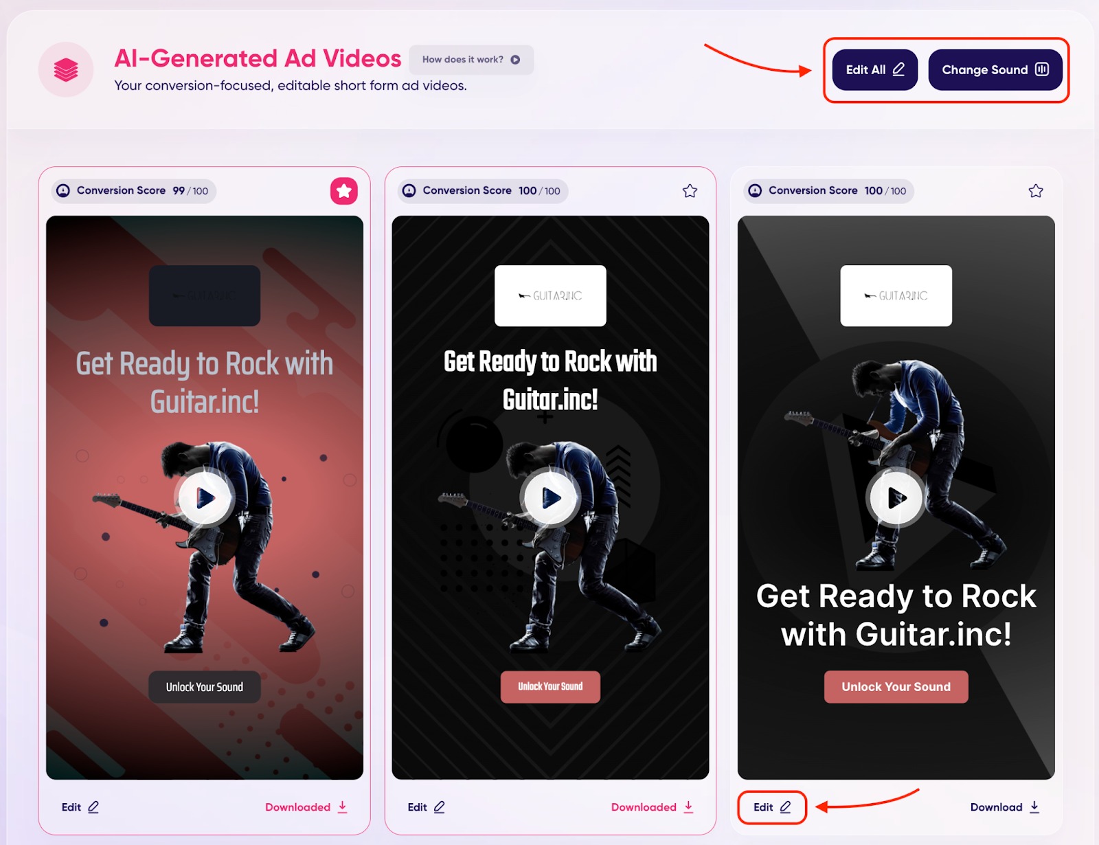 An example of the &lsquo;AI-Generated Ad Videos&rsquo; section with &lsquo;Edit All,&rsquo;  &lsquo;Change Sound,&rsquo; and 'Edit' buttons highlighted with red.