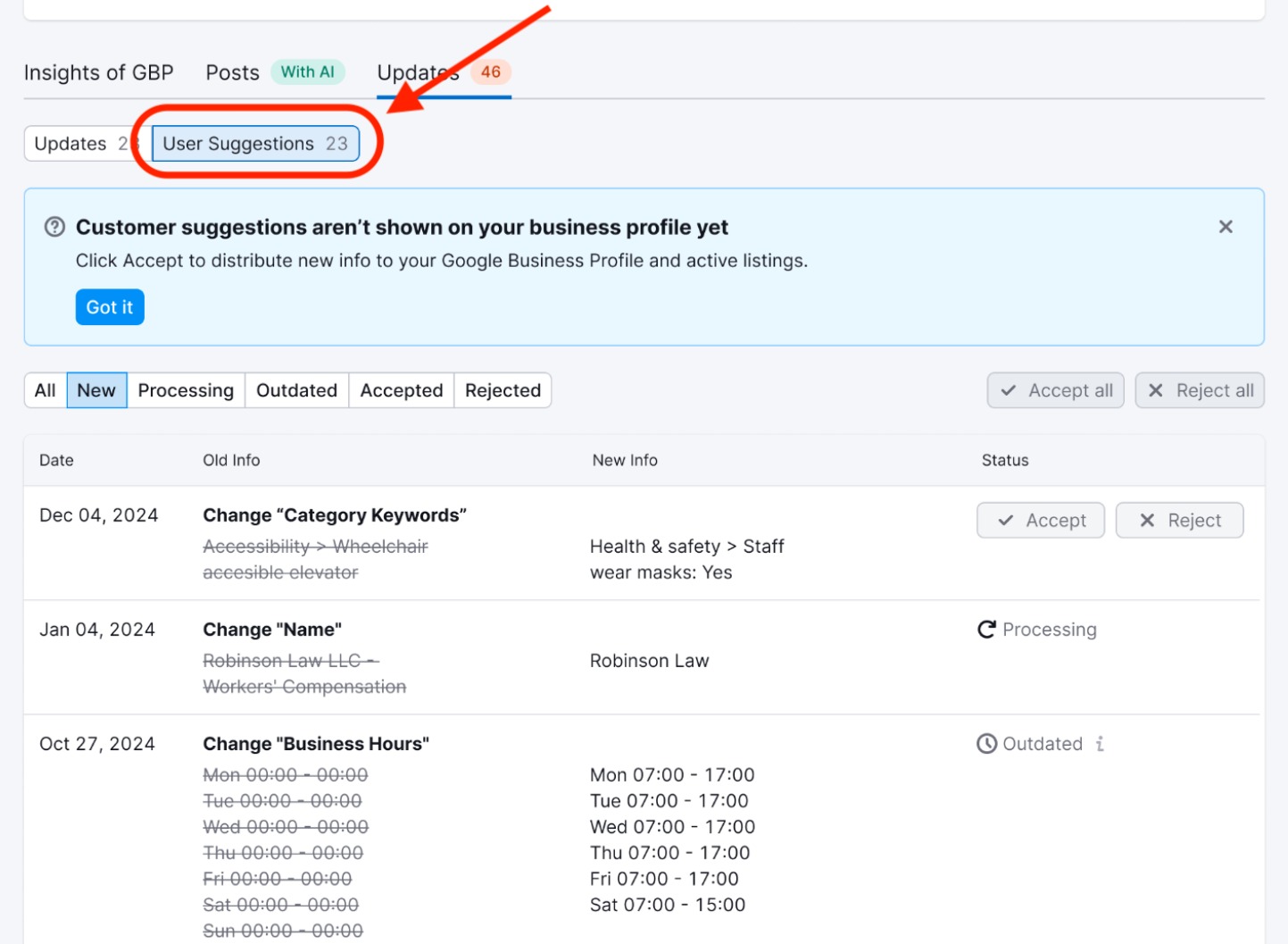 The User Suggestions tab is highlighted.