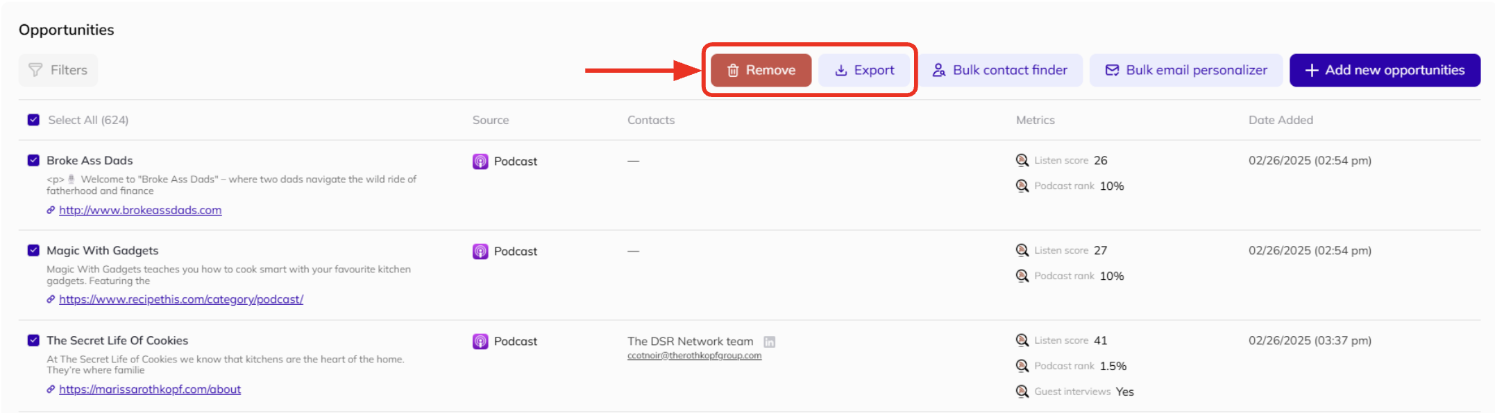 How to remove or export opportunities in AI Backlink Builder.