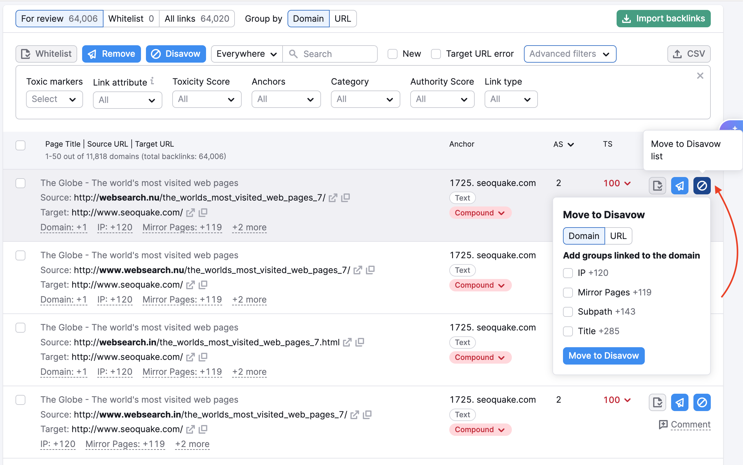 A red arrow points towards the move to disavow button.