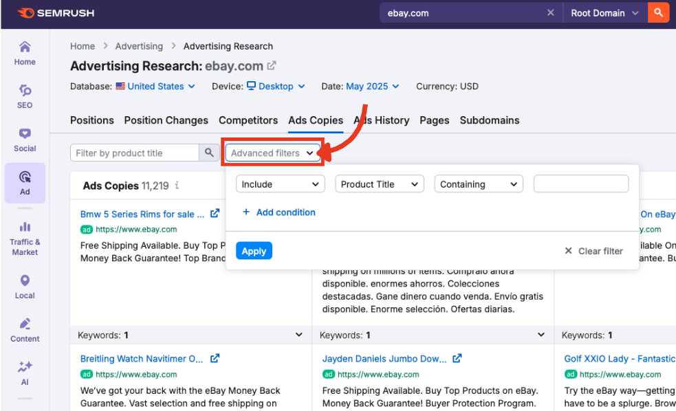 The advanced filters dropdown menu in the Ads Copies report.