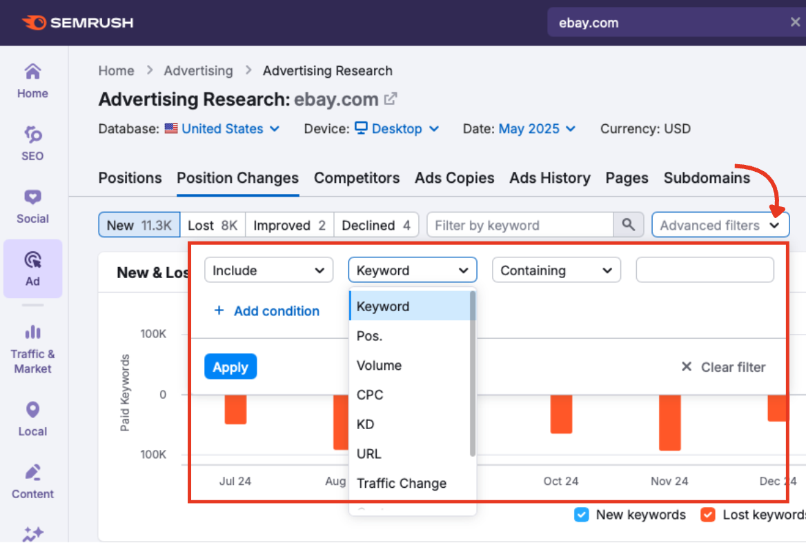 Advanced filters in Advertising Research Position Changes.
