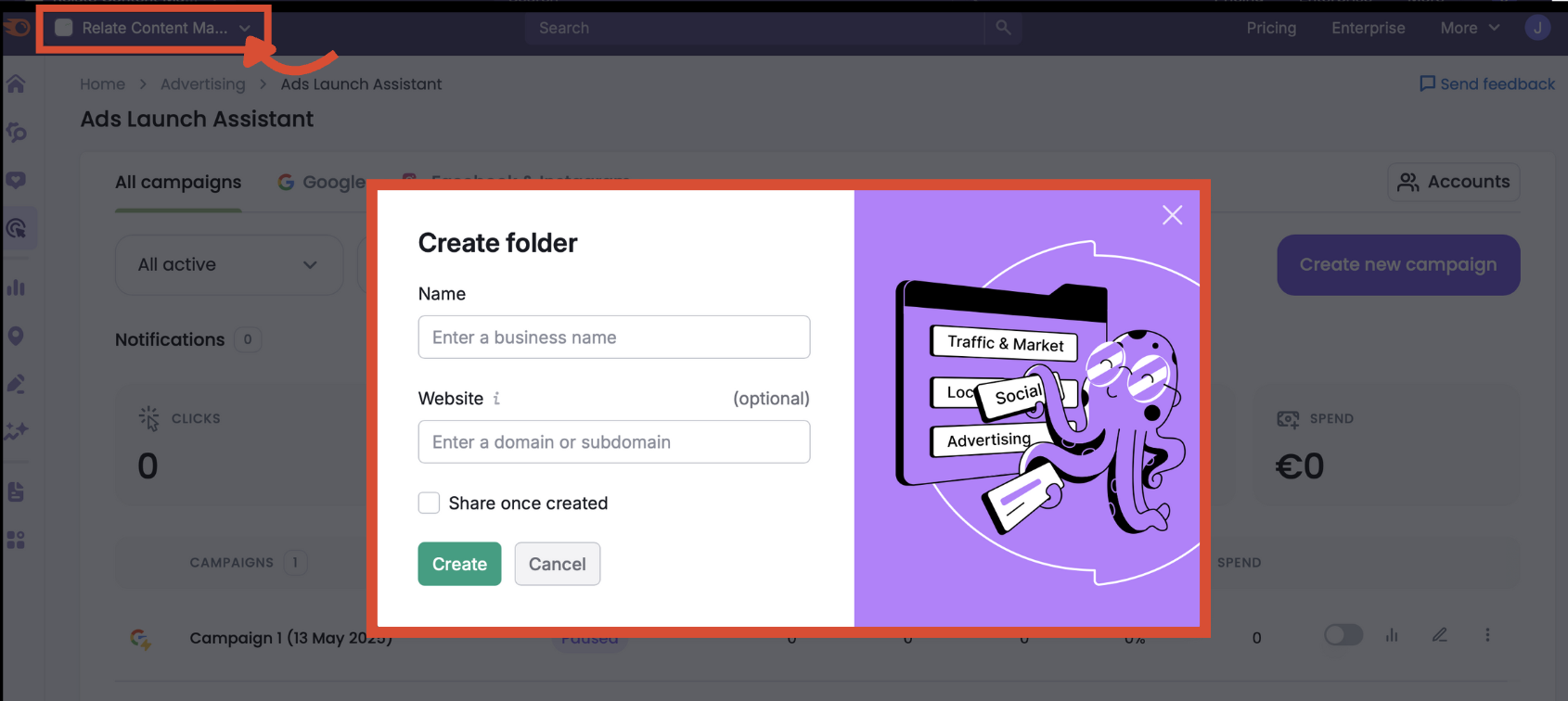 New folder creation screen inside Ads Launch Assistant.