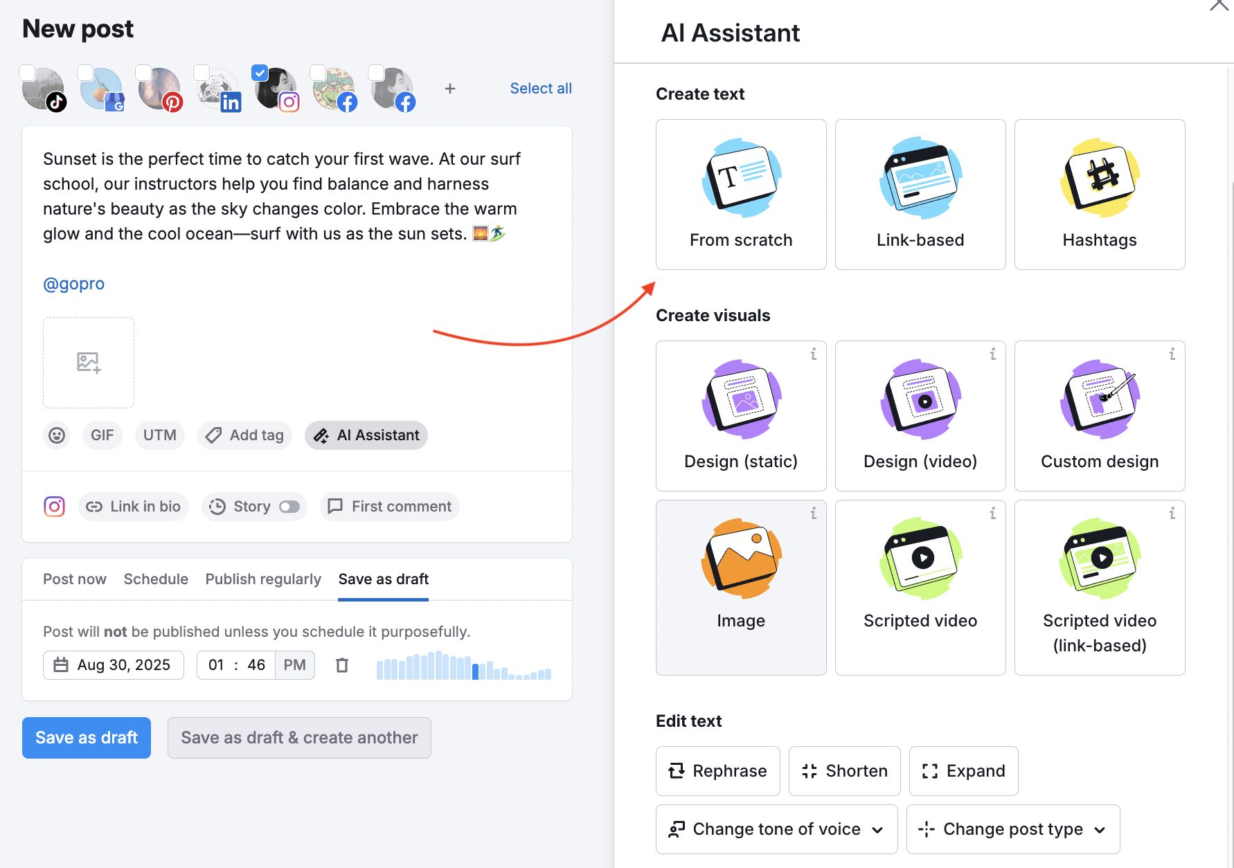 AI Assistant right-hand menu open, with a red arrow pointing to the Create text from scratch option.