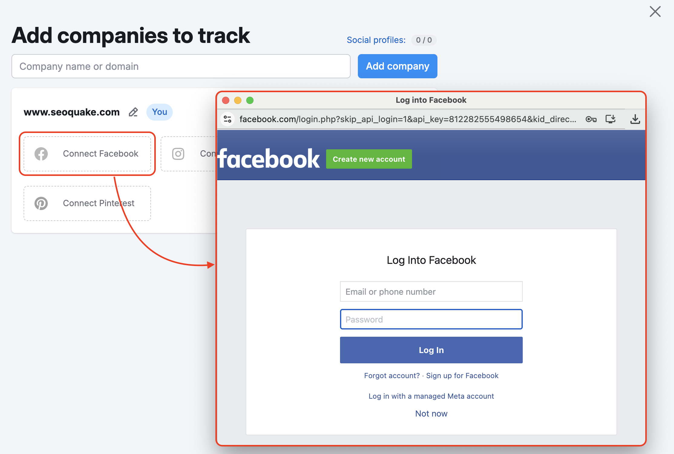 Social media accounts connection widget in Social Tracker.