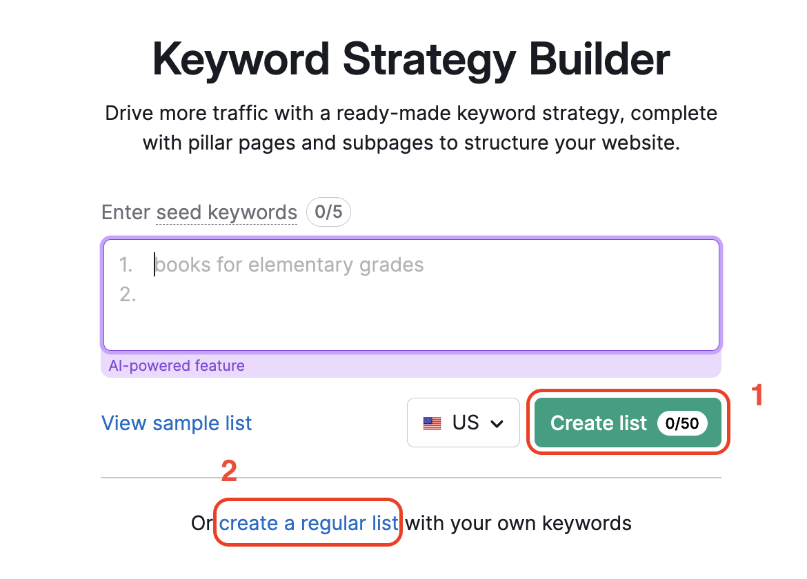 Keyword Strategy Builder start with Create list button highlighted and annotated as 1 and Create a regular list link highlighted and annotated as 2.
