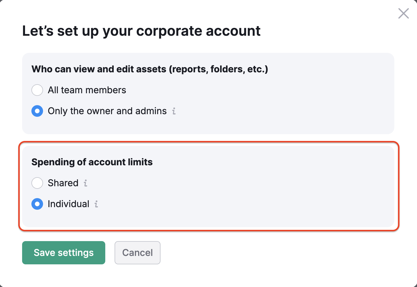Interface showing limit sharing options, including individual limits and shared limits.